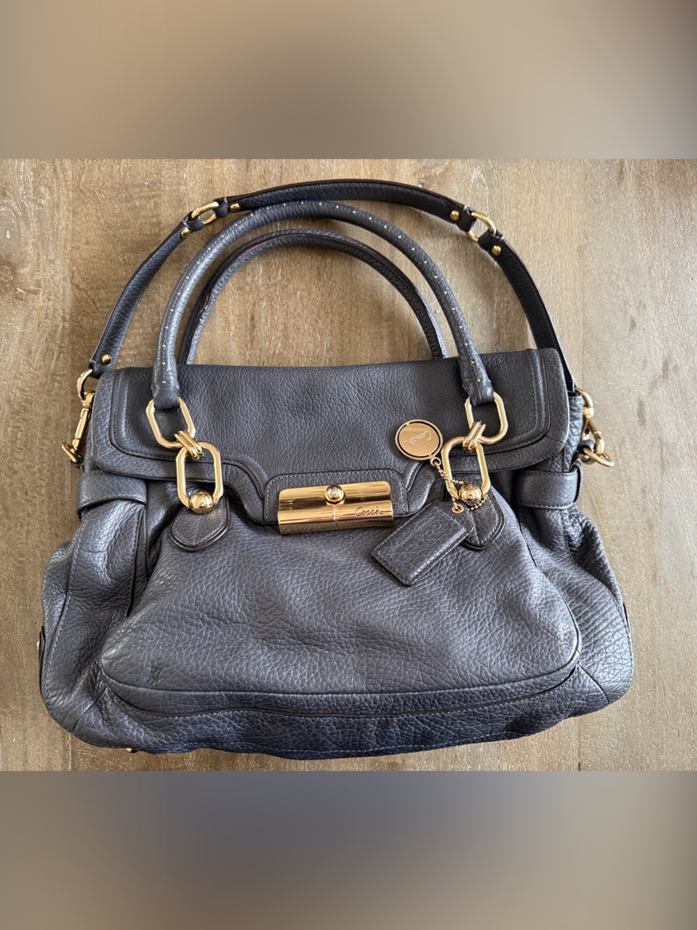 Coach Women's Pebbled Leather Satchel Bag with Gold Hardware - Dark Gray